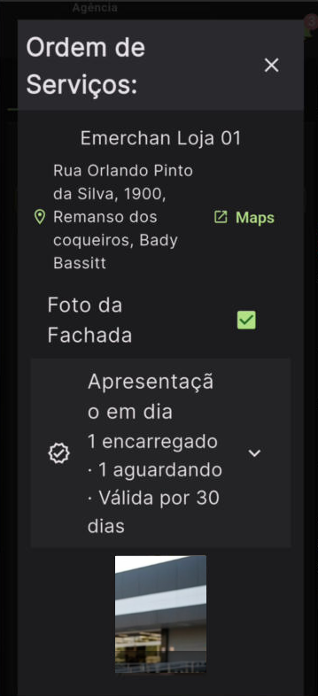 Ordem de serviço com check-in da fachada concluído no app eMerchan