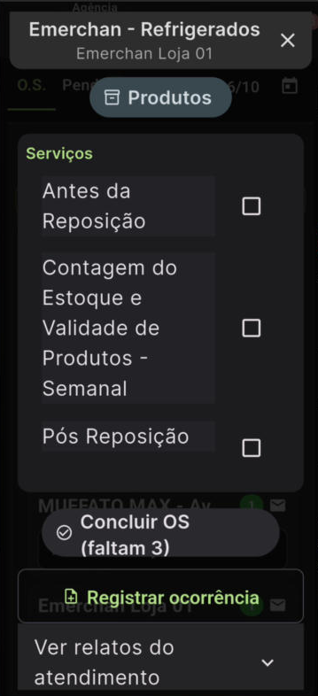 Serviços do atendimento no app eMerchan