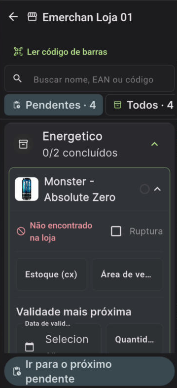 Tela de ruptura, estoque e validade do app eMerchan
