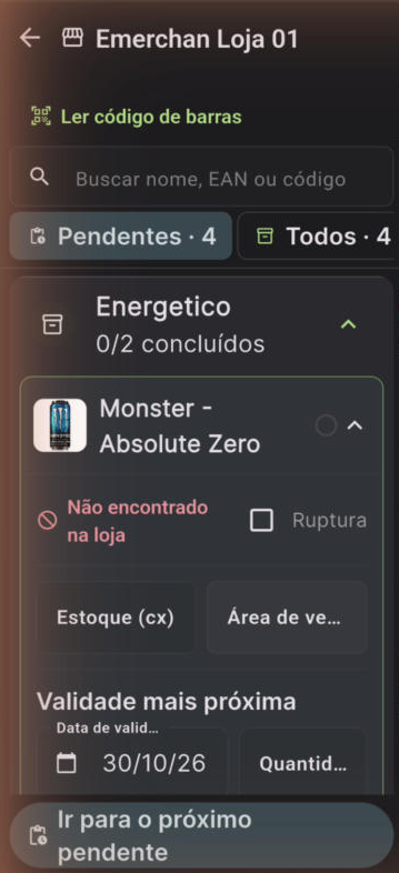 Validade e estoque preenchidos no app