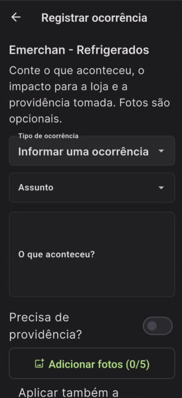 Tela de registrar ocorrência do app eMerchan