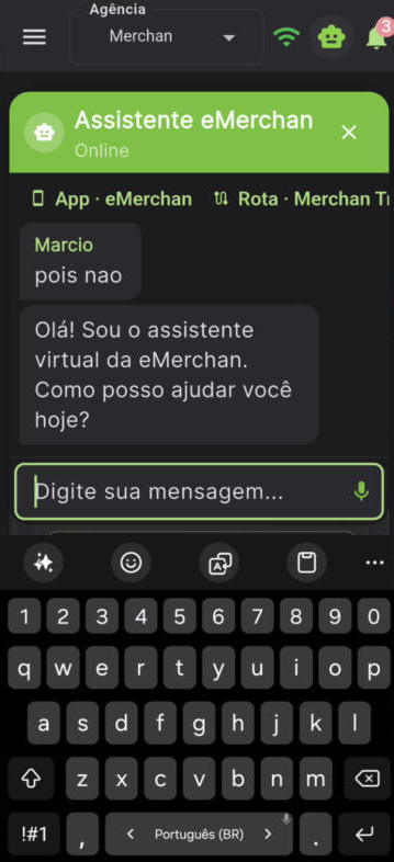 Assistente eMerchan com IA aberto no app